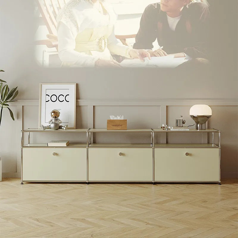 meuble rangement moderne 180cm 3tiroirs 2tablettes beige clair bois matériau multifonction salon chambre