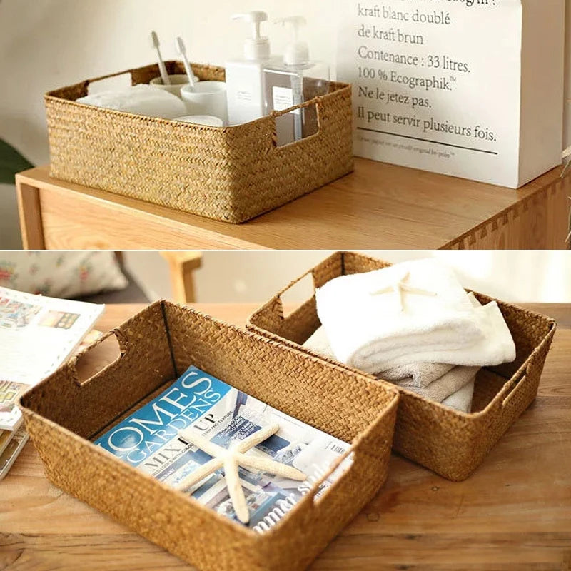 panier rangement paille marron clair rustique multifonctionnel réutilisable respectueux environnement tổ chức đồ dùng
