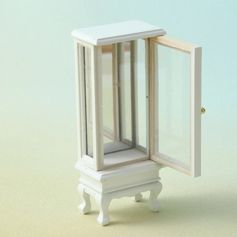 meuble miniature armoire verre transparent classique porte tiroir pieds sculptés blanc marron clair finition
