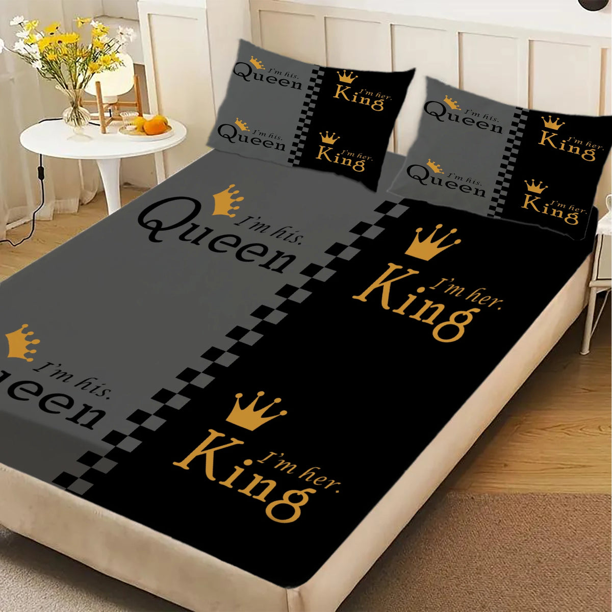 drap housse king queen motif couronne damier moderne élégant noir gris or adultes chambre