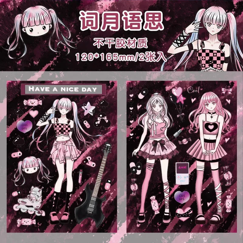 autocollants manga personnages textes confettis bleu violet noir blanc opaques scrapbooking álbum journal intime