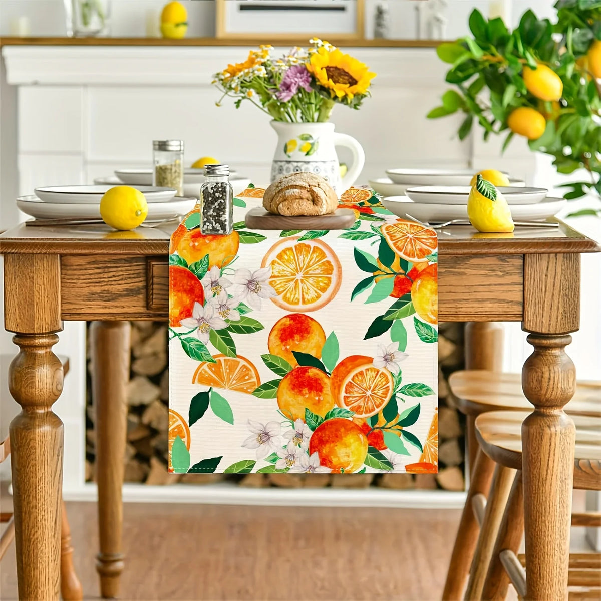 nappe lin motif oranges fleurs blanches feuilles vertes deco table rustique orange blanc vert