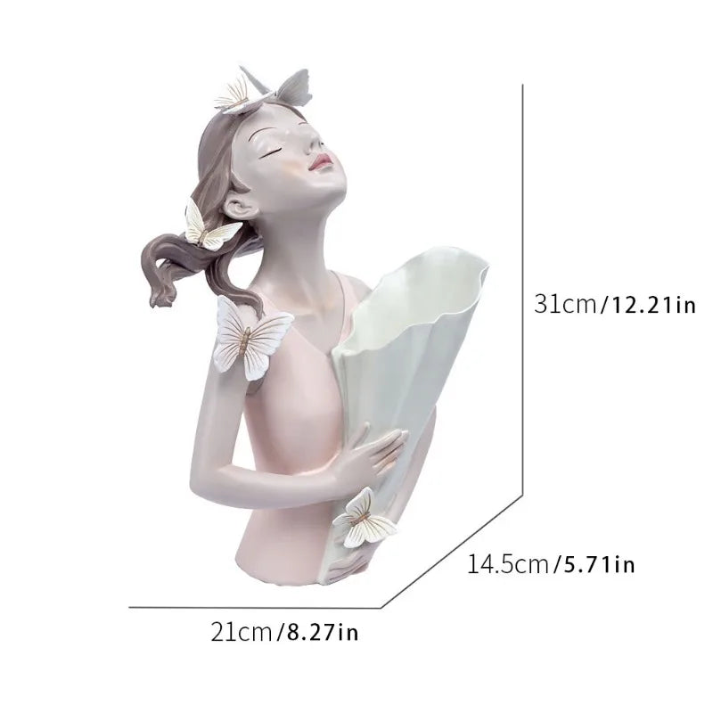 statue décorative moderne résine beige rose vert gris texture mat détails sculptés bouquet artificiellements