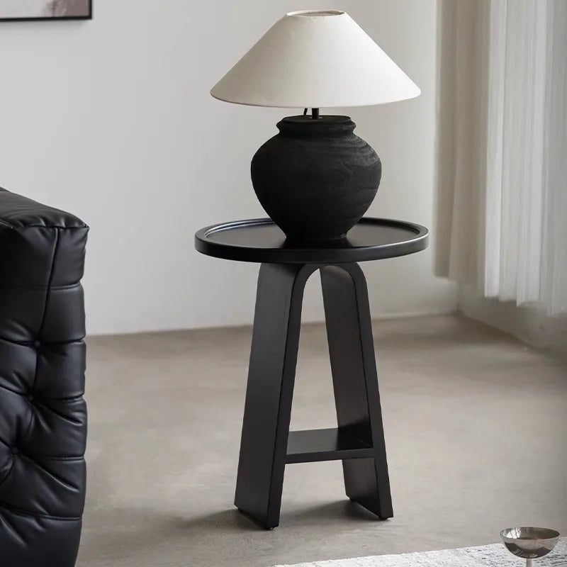 table d'appoint moderne minimaliste bois ronde hauteur 56cm diamètre 41cm noir blanc pink