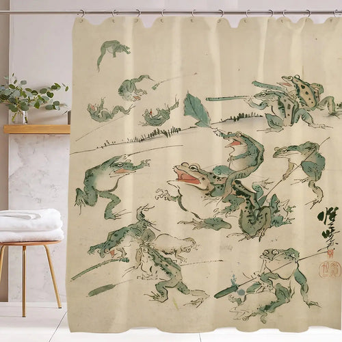 rideau douche japonais grenouilles motifs traditionnels bleu clair beige salle bains opacité illustration folklorique