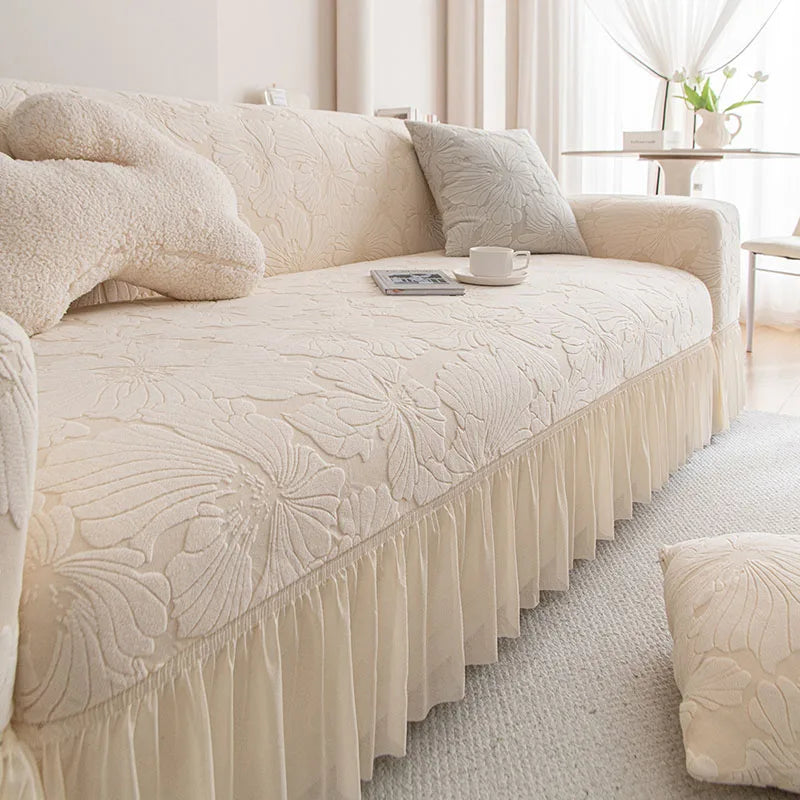 housse canapé velours jacquard fleurs imprimées extensible coussin salon classique vert