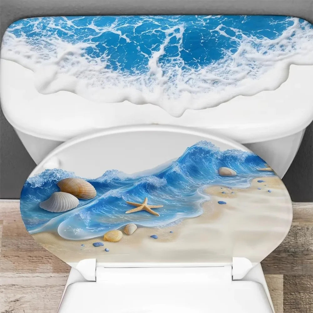 cache wc adhésif ondes océaniques bleu blanc illustration antidérapant imperméable