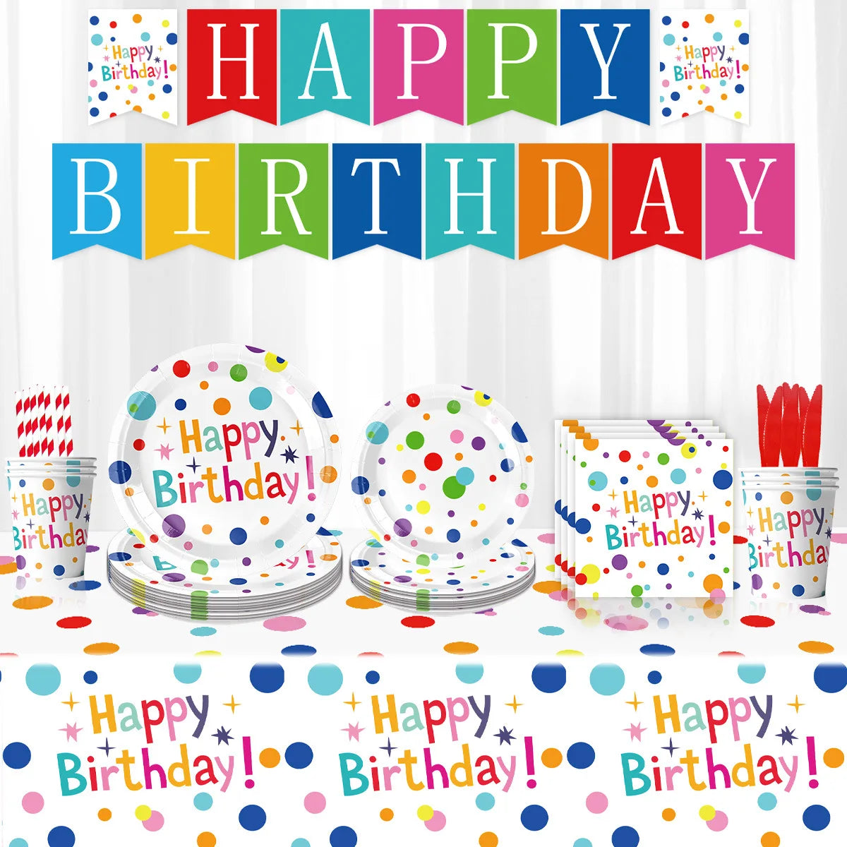 assiettes papier pois multicolores serviettes gobelets guirlande fête anniversaire mariage baptême noël