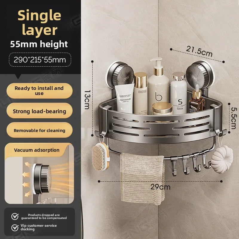 étagère salle bain gris moderne ventouse rangement bain murale ajourée crochets suction