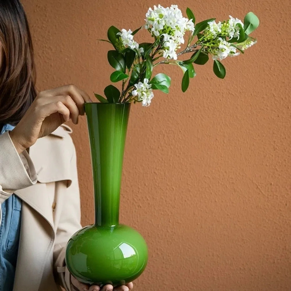 vase vert olive transparent moderne minimaliste hauteur 32cm 36cm ouverture 8cm 7cm base 6cm