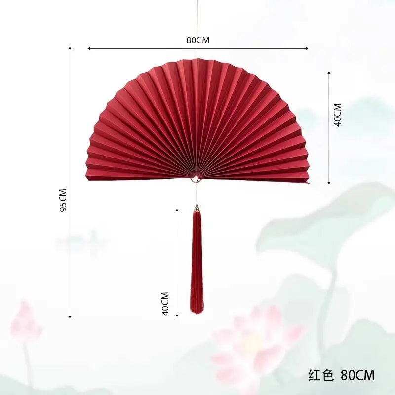 éventail pliant décoratif papier rouge bleu marine doré chinois traditionnel pompon cordelette