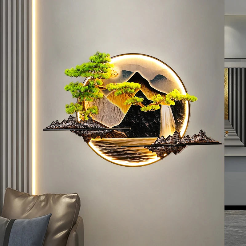 lampe murale décorative paysagère artisanale vert bleu beige doré montagnes arbres eau nuages