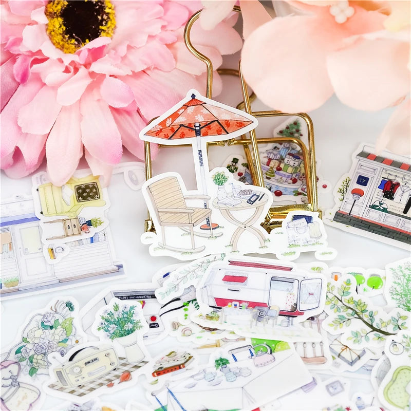 autocollants kawaii mignons motifs floraux géométriques texturés couleurs vives blanc orange rouge vert