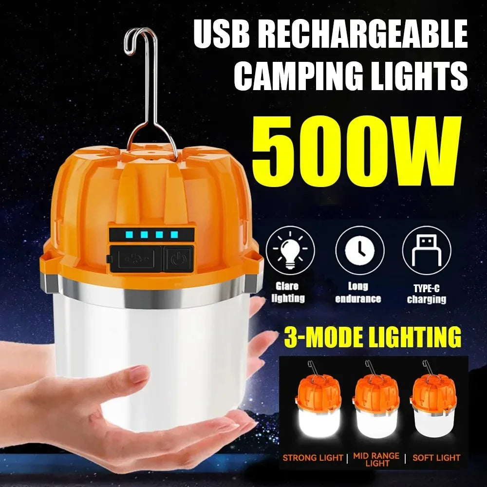 lampe camping rechargeable usb orange blanc interrupteur tactile port charge urgence extérieur pêche moderne