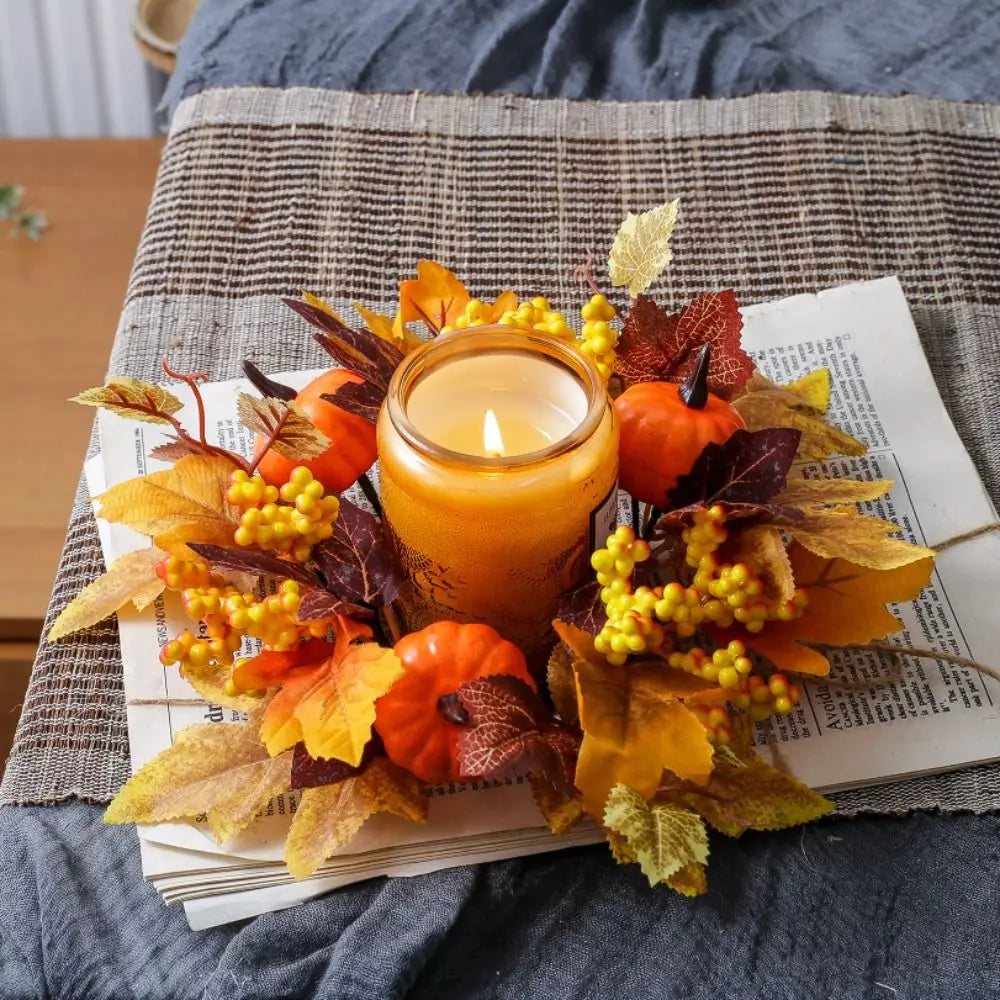 décoration automnale bougie feuilles baies citrouille orange rouge verte festive