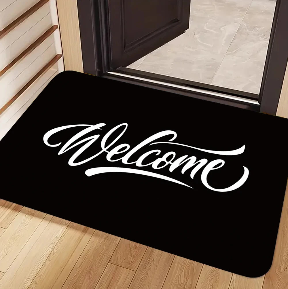 tapis d'entrée moderne bienvenue multilingue noir coeurs verts