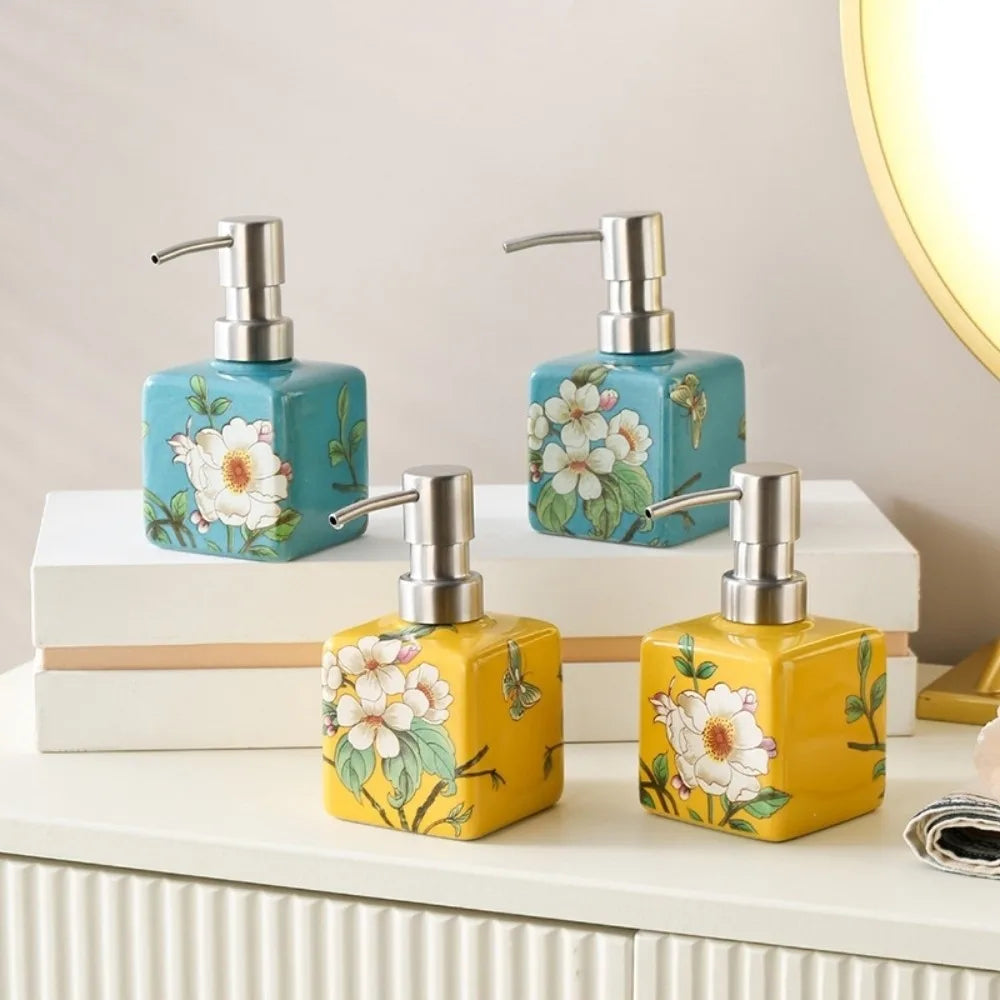 distributeur savon liquide fleurs papillon bleu jaune rose étanche rechargeable classique floral maison