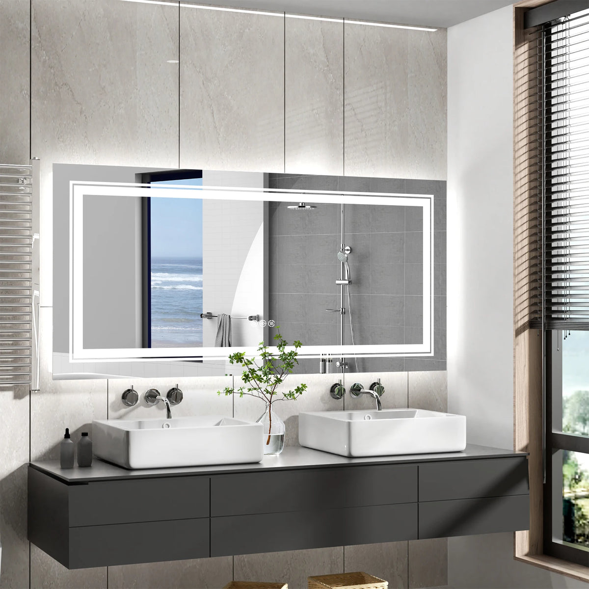miroir salle bain rectangulaire lumineux led antibuée mural moderne grand sans cadre blanc