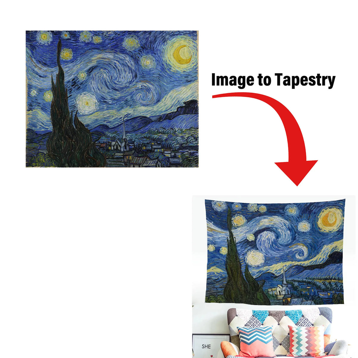 tapisserie personnalisable moderne van gogh multicolore noir blanc imprimée polyestère lavable machine
