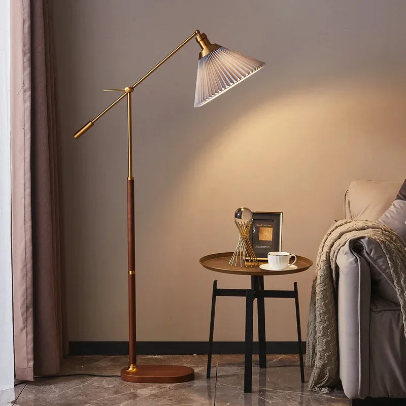 lampe sol moderne or bois ampoule e27 plissée base circulaire hauteur 125cm