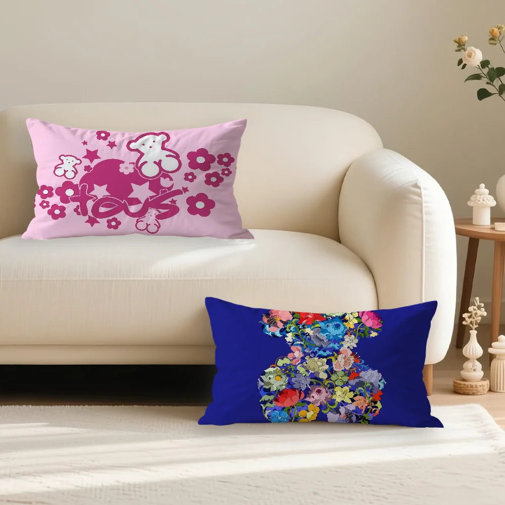 taies d'oreiller décoratives moderne motif ours fleurs imprimées non toxiques respectueuses environnement rose bleu