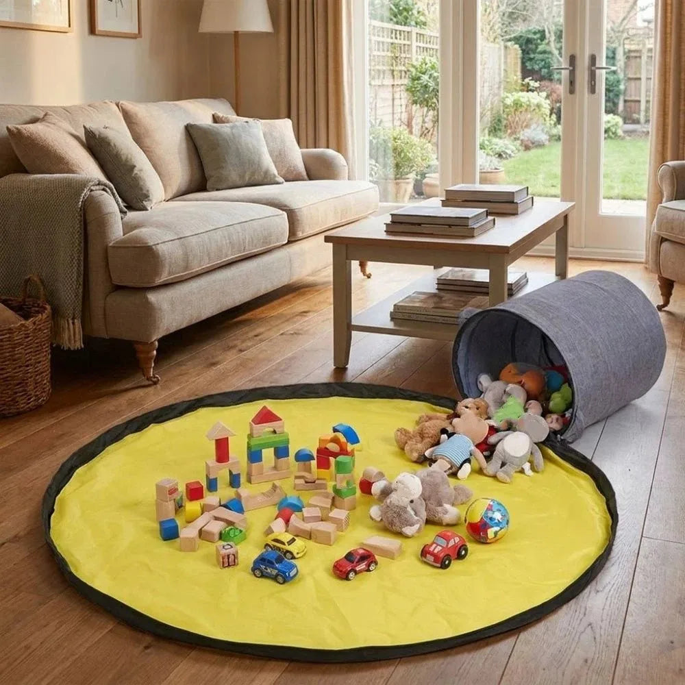 sac jouets pliable toile coton bleu gris jaune moderne pratique poignées tapis rond jouets