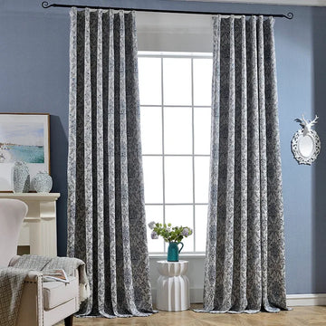 rideau opaque motif floral bleu gris beige classique salon chambre fenêtre coton épais