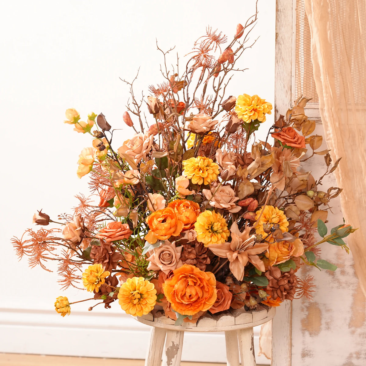 décoration murale bouquet fleurs séchées orange rustique boho chic extérieur intérieur événement festive