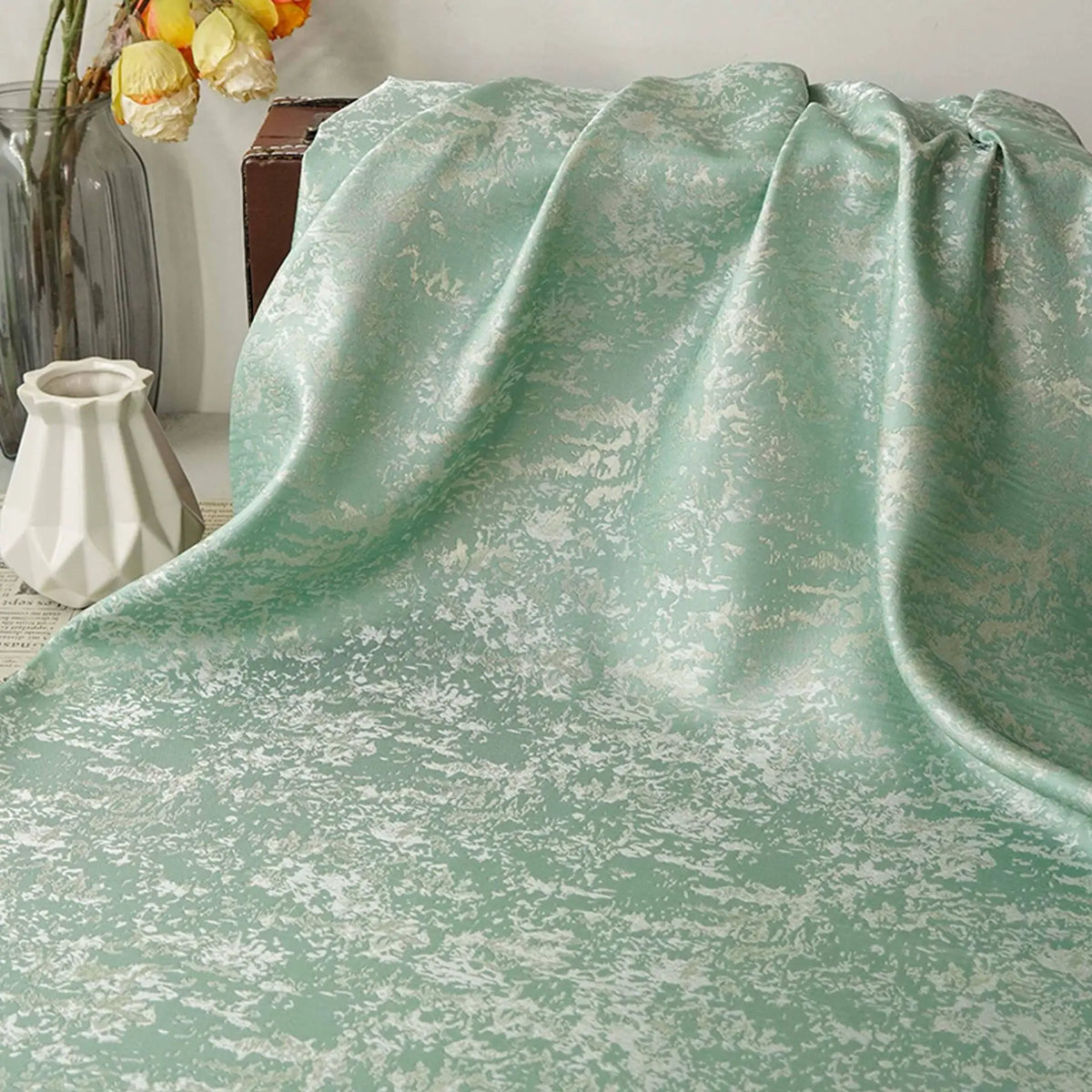 tissu brocart polyester vert menthe bleu clair beige moderne élégant texture marbrée résistance intempéries