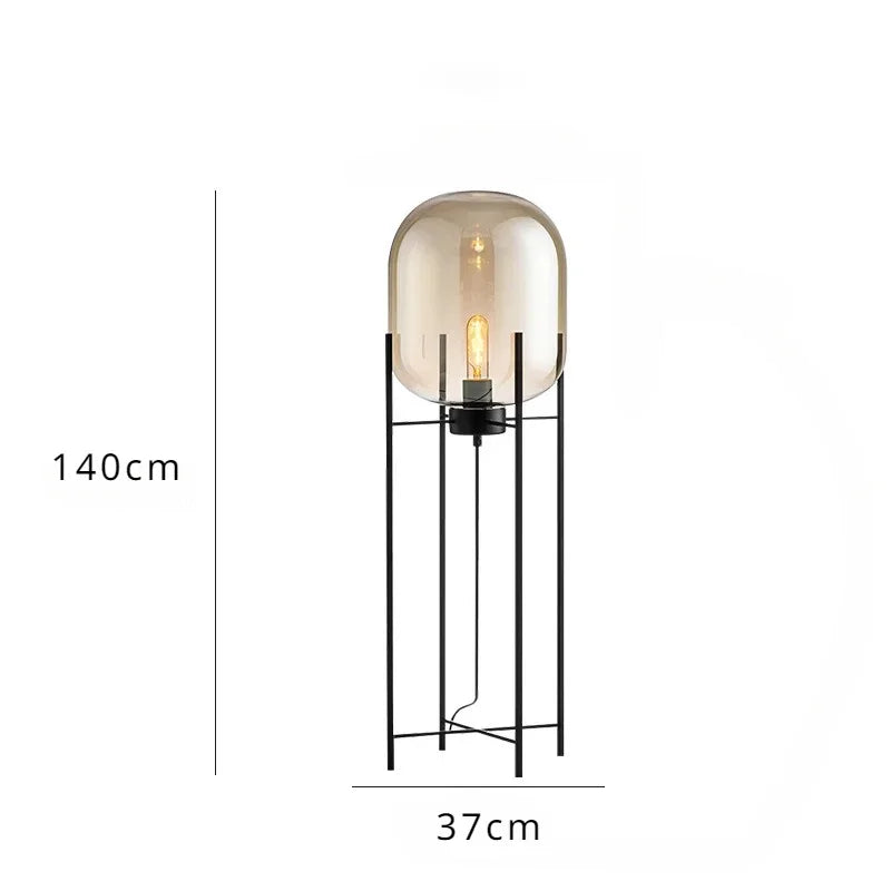 lampe sol moderne transparente ampoule filament noir gris fumé led verre minimaliste