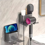 rangement sèche cheveux adhésif gris blanc moderne rotatif accessoire salle bain
