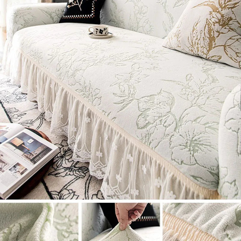 Housse canapé polaire fleurs dentelle beige vert clair classique entretien facile machine autoadaptative