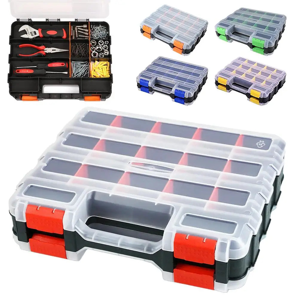 boîte outils transparente moderne poignées vis tournevis pinces clous compartiments organisateur