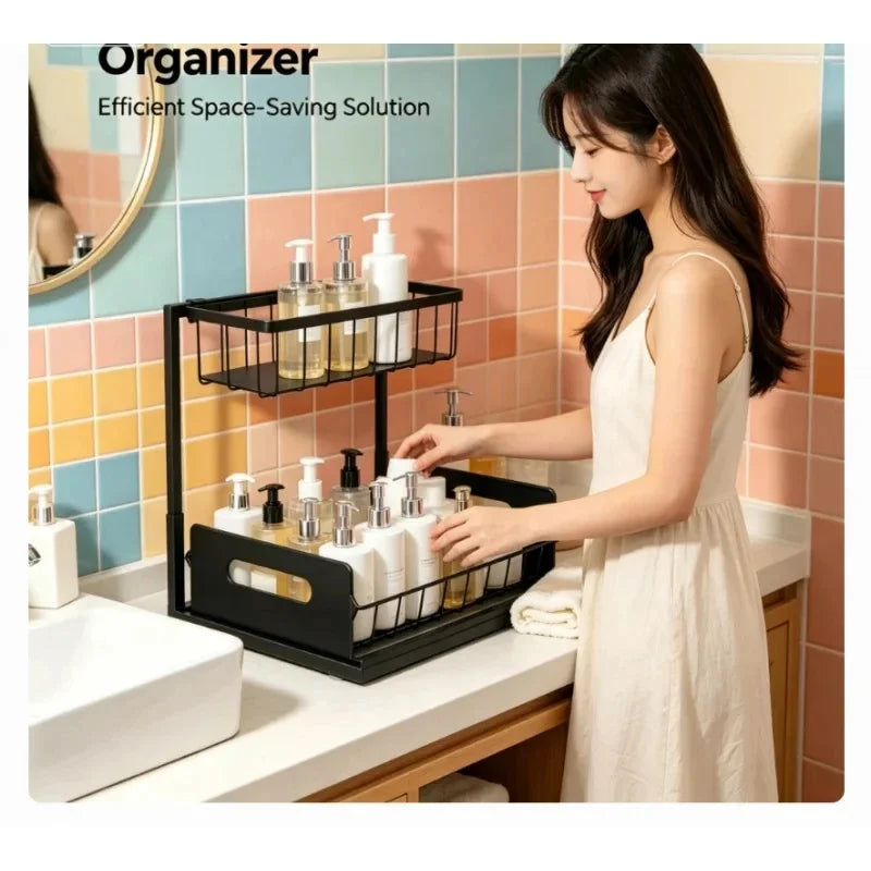 étagère rangement noir grille métallique moderne adhésive deux niveaux paniers latéraux cuisine salle bain