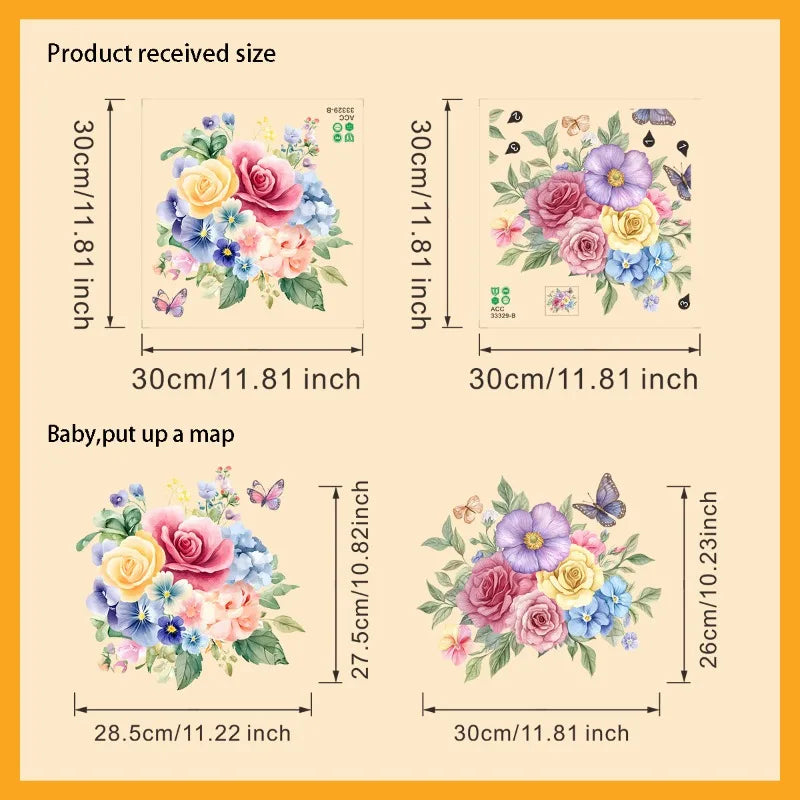 autocollants muraux fleurs colorées bouquet papillons salle bain blanc 30x30cm 2pièces adhésifs