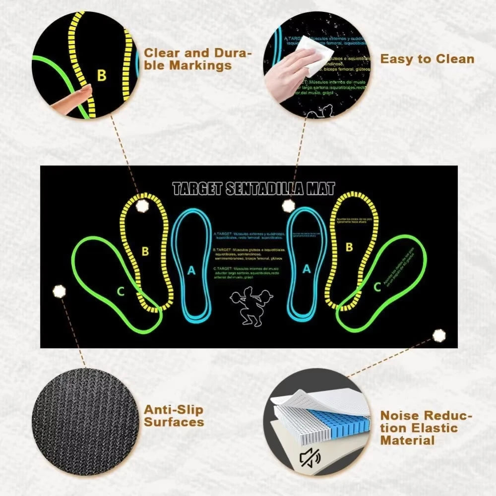 tapis squat fitness noir jaune bleu vert antidérapant durable lignes formes positions pieds