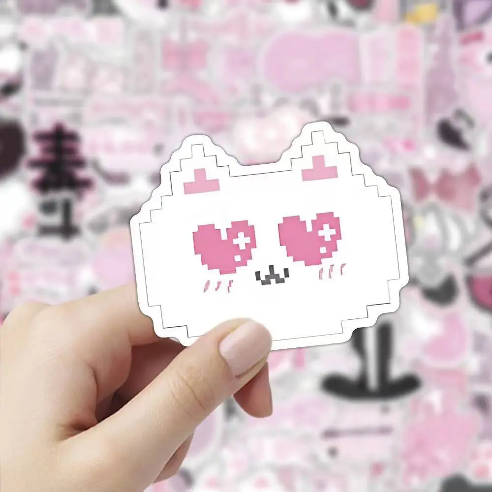 sticker kawaii pixel art rose blanc noir adhésif dessins animés coeurs chats 103pcs