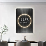 horloge murale moderne affichage numérique abstraite texture bois noir doré salon