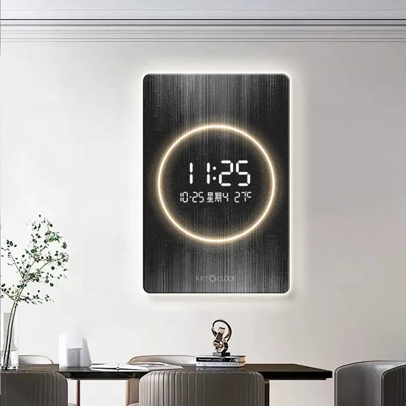 horloge murale moderne affichage numérique abstraite texture bois noir doré salon