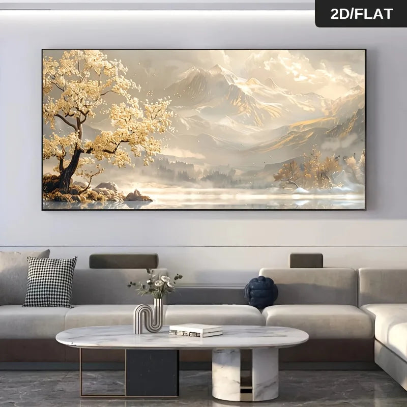 tableau decoratif moderne toile paysage montagneux arbre fleuri texturé beige marron doré blanc grisintérieur