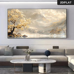 tableau decoratif moderne toile paysage montagneux arbre fleuri texturé beige marron doré blanc grisintérieur