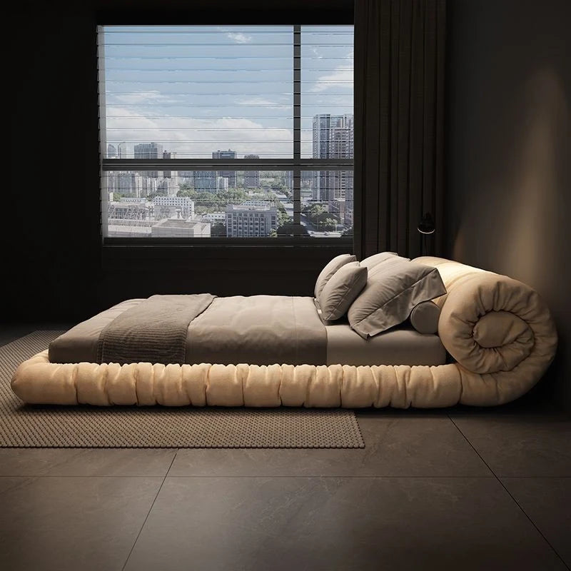 lit moderne minimaliste bois beige gris velours tissu uni chambre double king sizeSuspension