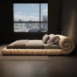 lit moderne minimaliste bois beige gris velours tissu uni chambre double king sizeSuspension
