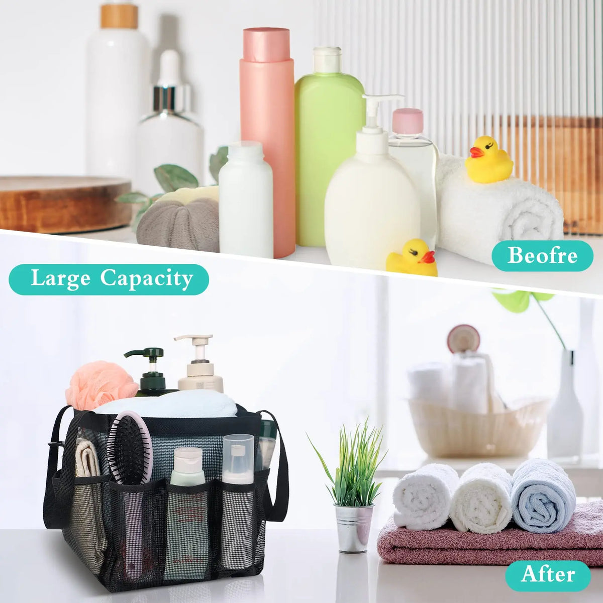sac rangement bain voyage toilettte polyester maille transparent noir jaune rose vert blanc pratique