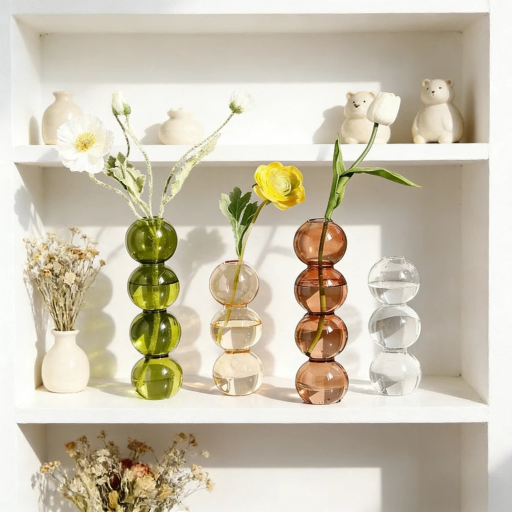 vase verre moderne vert marron transparent sphères empilées décoration intérieure hydroponique arrangement floral