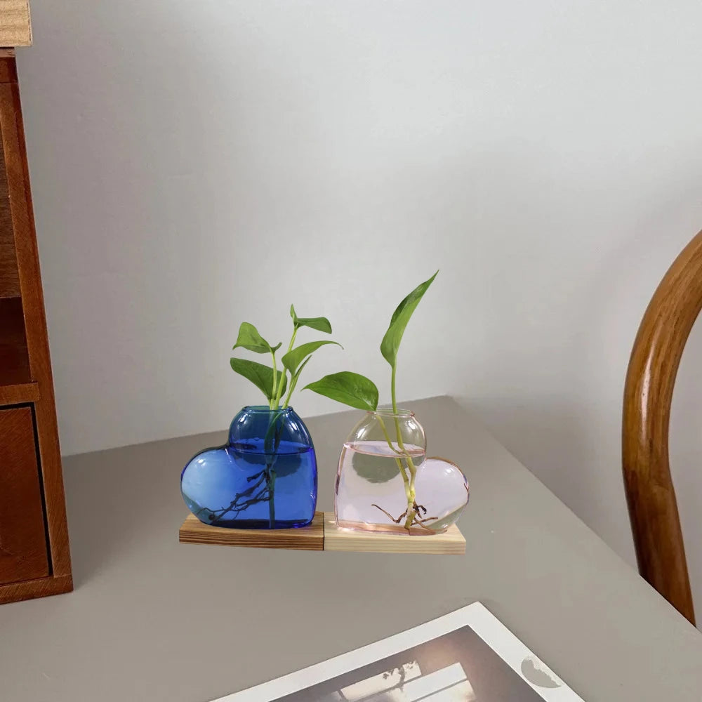 vase verre forme cœur transparent moderne plante verte support bois