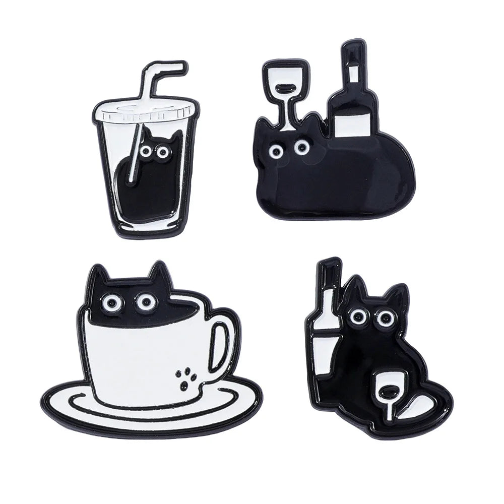 épingles revers métal chats dessin animé noir blanc adhésif cartoon accessoire mode