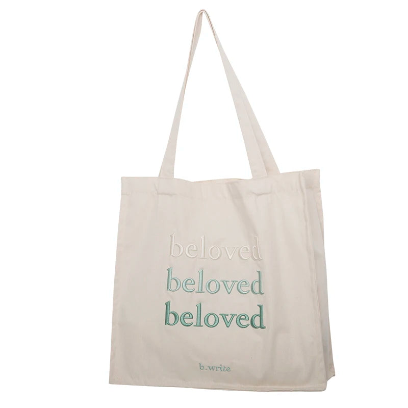sac main toile brodée beloved lettres décontracté poignées détachables couleur beige marron bleu clair