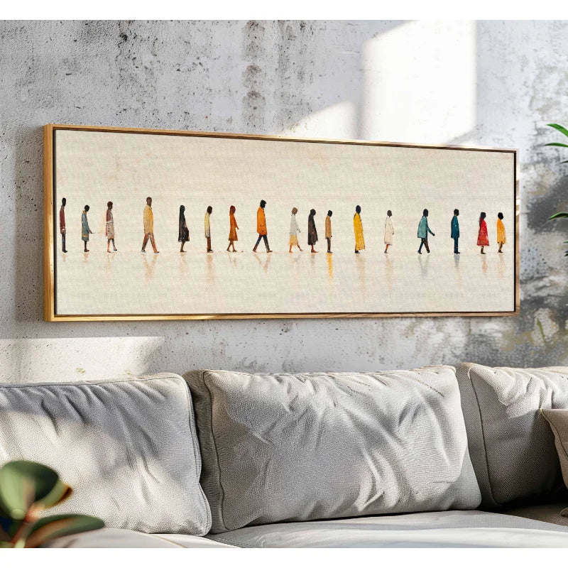 toile peinte contemporaine personnages marchant blanc gris multicolore vertical decoration mur wall art impression