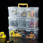 boîte outils transparente poignée jaune contenant vis boulons clous tournevis clé rubans adhésifs pratique